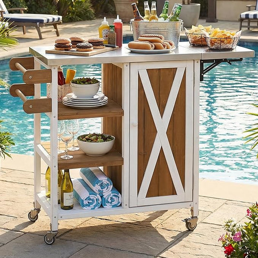 MERITLINE Foldable Outdoor Kitchen Island with Stainless Steel Top, Lockable Rolling Casters & Towel Rack, Mobile BBQ Prep Cart with Open Shelves and Hidden Cabinet for Patio, Balcony, White+Brown