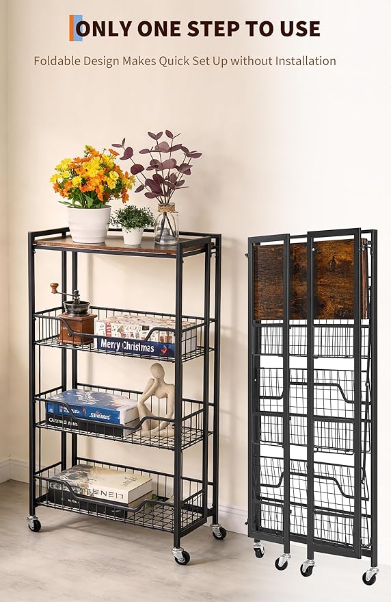 PeakPursuit Large 4-Tier Collapsible Wooden Storage Shelf – Heavy Duty 100 lbs Capacity, Locking Wheels – Space-Saving Organizer for Kitchen, Garage, Workshop, Home – No Assembly Required