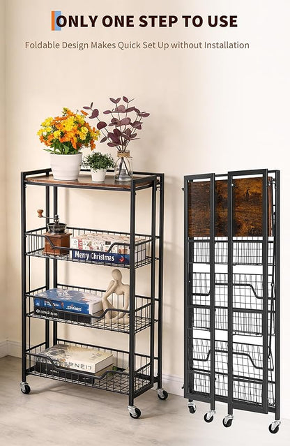 PeakPursuit Large 4-Tier Collapsible Wooden Storage Shelf – Heavy Duty 100 lbs Capacity, Locking Wheels – Space-Saving Organizer for Kitchen, Garage, Workshop, Home – No Assembly Required