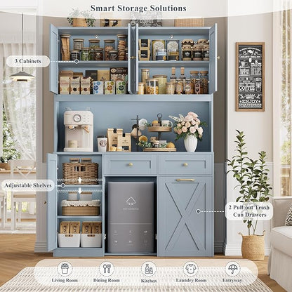 HOSTACK 71"H Kitchen Trash Can Cabinet, 12.5 Gallon Double Pull Out Garbage Can Hutch Cabinet with Trash Bin Storage Holders, 47" Wide Kitchen Pantry with Hidden Garbage Storage for Dining Room, Blue