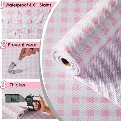 Drawer and Shelf Liner, Non-Slip Kitchen Cabinet Liners Non-Adhesive Thick Strong Grip Waterproof Washable Mats Protect Dresser Shelves Cupboard Bathroom Cabinets, Pink Plaid, 18 in X 10 FT