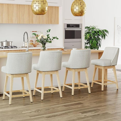 Counter Height Bar Stools Set of 2, Modern Swivel Barstools with Back and Wood Legs, Linen Fabric Upholstered Counter Height Stools, 26" H Kitchen Island Stools, Home Bar, Pub, Ivory