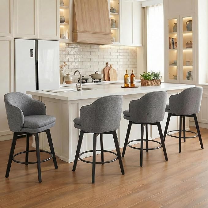 Counter Height Barstools 26 inch Upholstered Swivel Bar Stools with Back and Wood Legs for Kitchen Island,Set of 4,Dark Grey Fabric