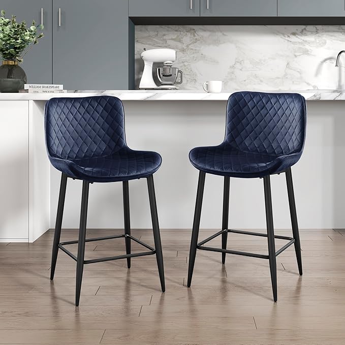 Lexicon Counter Stools Set of 2 - Counter Height Stools for Kitchen Table, Solid Padded Back, Black Metal Finish and Blue Velvet Cushion Seat, 24''SH