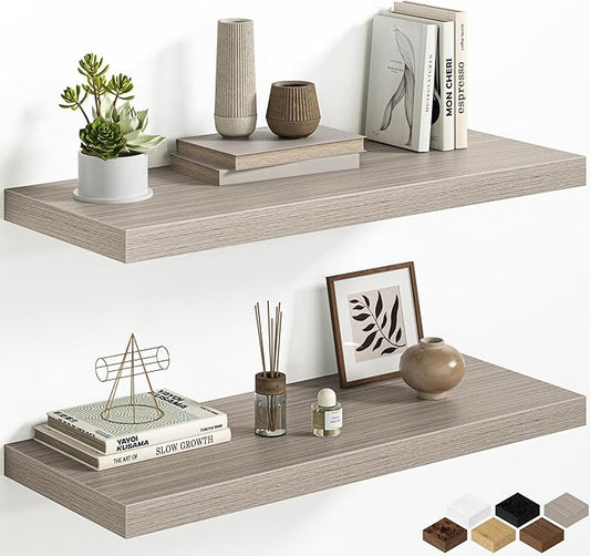 Fun Memories Floating Shelves - 2 Pack 30 Inch Long Rustic Wooden Wall Shelves - 12 Inch Deep Wall Mounted Storage Shelf with Invisible Heavy-Duty Brackets for Books, Bathroom, Kitchen, Gray