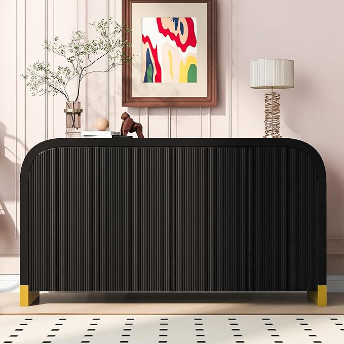 Merax Sideboard Buffet Cabinet with Storage Adjustable Shelves & Unique Curved Corner, Wavy Panel Door Accent Wood Console Table for Coffee Bar, Living Room and Entrance, Easy Assembly, Black