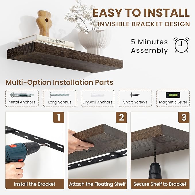 Acovy Extra Deep 48" Long Rustic Solid Wood Floating Shelves for Wall, Wall Shelves with Invisible Bracket for Living Room Bathroom Bedroom Kitchen, Set of 1, Walnut
