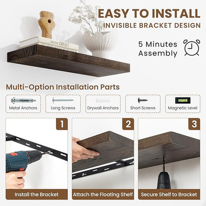 Acovy Extra Deep 72" Long Rustic Solid Wood Floating Shelves for Wall, Wall Shelves with Invisible Bracket for Living Room Bathroom Bedroom Kitchen, Set of 1, Walnut
