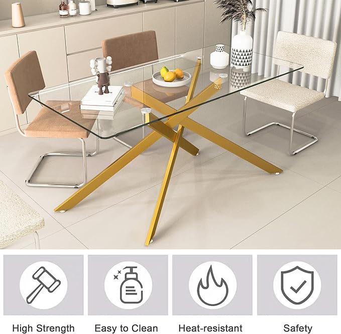60.63" Rectangular Glass Dining Table,Glass Dining Room Table with Tempered Glass Tabletop and Metal Legs, Modern Style Kitchen Table for Home, Kitchen, Dining Room