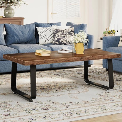 HSH Wooden Coffee Table, Industrial Rectangle Center Table, Modern Minimalist Coffee Table for Living Room, Farmhouse Wood and Metal Cocktail Tea Table for Bedroom Home Office, Rustic Brown, 47 in