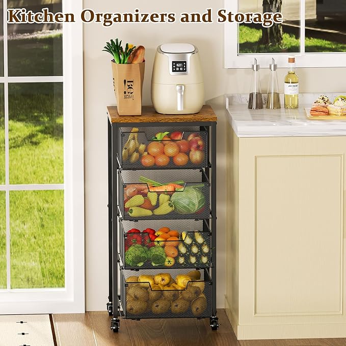 Kitchen Rolling Cart with Drawers, 4-Tier Fruit Vegetable Storage Cart on Wheels with Wooden Top, Kitchen Rolling Storage Rack to Storage Cans Snacks and Potato for Kitchen，(Patent Pending)