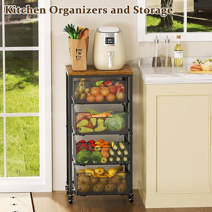 Kitchen Rolling Cart with Drawers, 4-Tier Fruit Vegetable Storage Cart on Wheels with Wooden Top, Kitchen Rolling Storage Rack to Storage Cans Snacks and Potato for Kitchen，(Patent Pending)