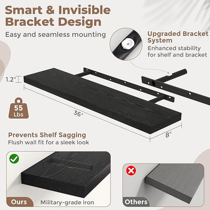 36 Inch Floating Shelves for Wall Set of 2, 8"D Wood Grain Bathroom Shelves with Invisible Brackets, Easy Install Engineered Wood Storage Shelves for Kitchen, Living Room, Bedroom, Black Finish