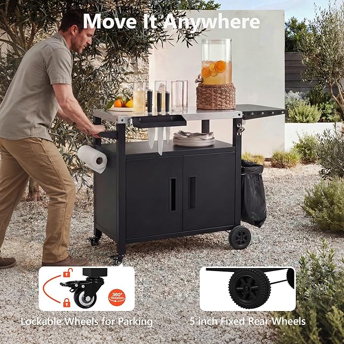 Outdoor Kitchen Island with Stainless Steel Top and Storage Cabinet, Metal Kitchen Island with Foldable Table and Hooks & Spice Rack, Rolling Grill Cart with Wheels and Waterproof Cover Included Black