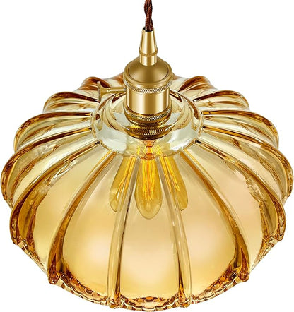 Pendant Light Fixture, Hanging Light Fixture, Glass Shade Pendant Light with Rotary Switch, Modern Lamp for Kitchen Island, Bedroom, Dining Room, Living Room (Amber Lotus, Hard-Wired)