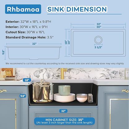 Rhbamoa Black Undermount Kitchen Sink,32 Inch Matte Black Granite Composite Kitchen Sinks,10 Inch Depth Single Bowl Sinks, 32''x18'' Large Quartz Sink with Accessories