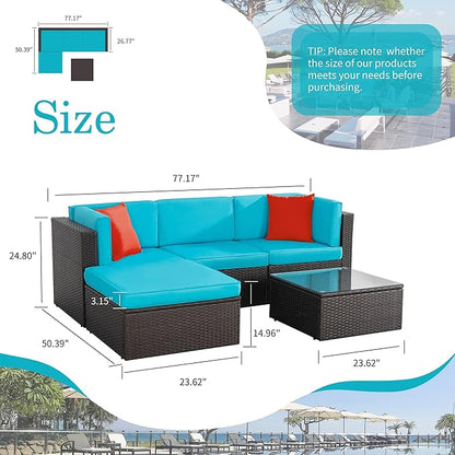 Shintenchi 5 Pieces Patio Furniture Sets Outdoor All-Weather Sectional Patio Sofa Set PE Rattan Wicker Patio Conversation Set with Glass Table&Ottoman Cushion, Blue