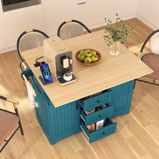 Modern Large Kitchen Island with 2 Drop Leaf, Rolling Cart on 5 Wheels with Power Outlet, Folding Storage Dining Table with Spice & Towel Rack, 3 Drawers, for Dining Room (Green@017)