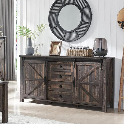 T4TREAM Farmhouse Sideboard Buffet Cabinet with Storage, 60" Large Kitchen Cabinet w/Sliding Barn Doors and 4 Drawers, 31.2'' Tall Rustic Wood Coffee Bar Table for Dining Room, Dark Rustic Oak