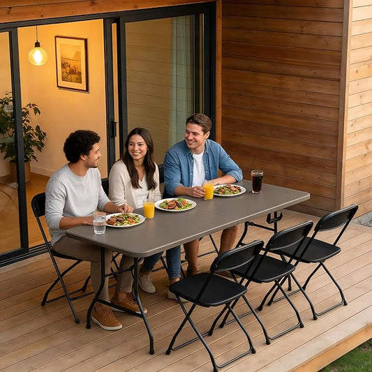 Folding Table 6ft - Heavy Duty Plastic Table with Handle, Foldable & Portable, Fold-in-Half Utility Tables for Outdoor, Dining, Wedding, Events, Indoor, Picnic, Camping, Party (Khaki)