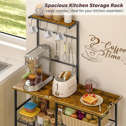 3IngSeagulls Bakers Rack with Power Outlet, Kitchen Microwave Stand with 10 S-shaped Hooks, 6-Tier Coffee Bar Station, Kitchen Storage Shelf Rack for Spices, Pots, Rustic Brown
