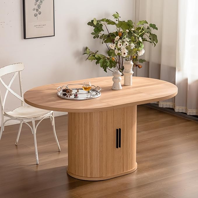 59 inch Oval Dining Table for 4-6 People, Modern Farmhouse Oval Kitchen Table with 2 Tier Storage Shelf, Sliding Cabinet Door, Space Saving Wooden Dinner Table for Kitchen Dining Room Living Room
