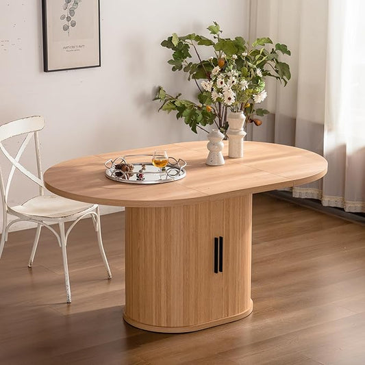 59 inch Oval Dining Table for 4-6 People, Modern Farmhouse Oval Kitchen Table with 2 Tier Storage Shelf, Sliding Cabinet Door, Space Saving Wooden Dinner Table for Kitchen Dining Room Living Room