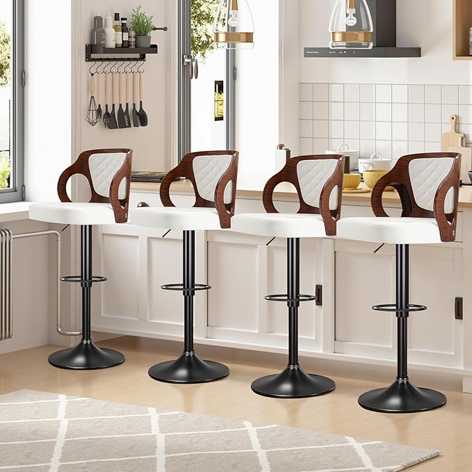 VECELO Swivel Bar Stools Set of 2, Adjustable Counter Height Stools with Bentwood Back, Armrest, Footrest & PU Leather Seat, Modern Bar Chairs for Kitchen Island, Black, Pearl White