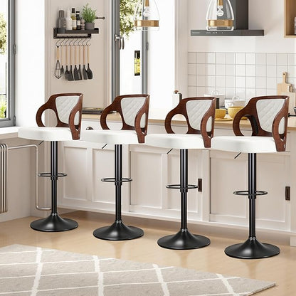 VECELO Swivel Bar Stools Set of 2, Adjustable Counter Height Stools with Bentwood Back, Armrest, Footrest & PU Leather Seat, Modern Bar Chairs for Kitchen Island, Black, Pearl White