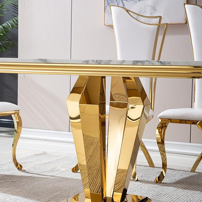 White Marble Dining Table for 4 6 8, Modern 68 Inch Kitchen Table with Faux Marble Top and Gold Dimaond Design Pedestal Base, Luxurious Rectangular Large Dining Room Table,Home Kitchen Furniture