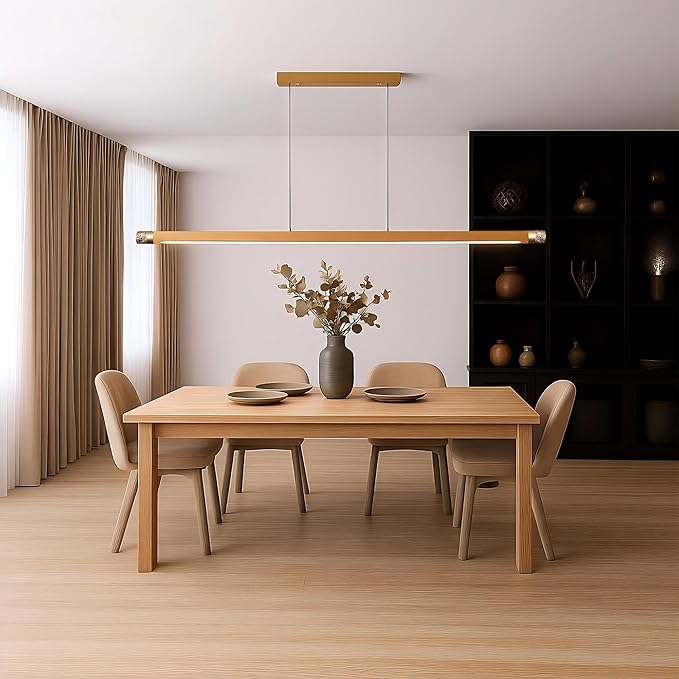 47" Wood Linear Pendant Light, Modern Wabi-Sabi Chandelier with Handcrafted Walnut & Brass, 3 Color Temperatures (3000K-6000K), Hanging Light Fixture for Dining Room, Kitchen, Bedroom