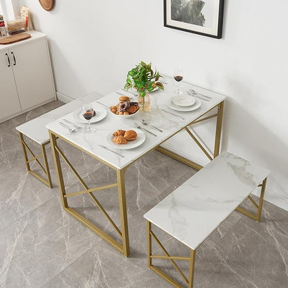 VECELO Kitchen Table with 2 Benches for 4, Wood Dining Room Dinette Sets with Metal Frame for Breakfast Nook and Small Space, Gold