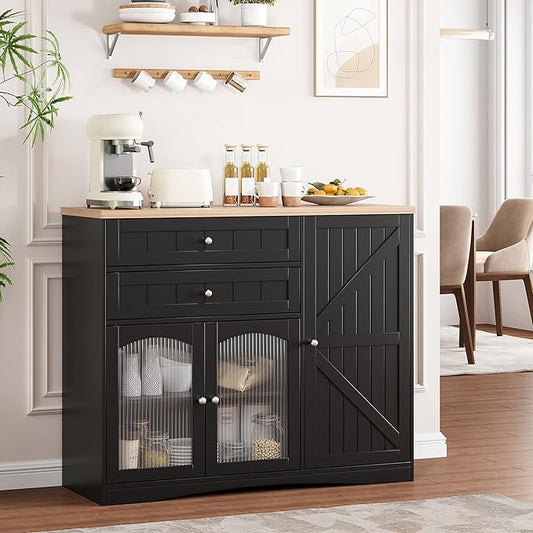 FiveWillowise Farmhouse Buffet Sideboard Cabinet, Black Storage Cabinet with Barn Doors and Drawers, Fluted Glass Doors & Adjustable Shelves, Coffee Bar with Storage for Kitchen, Living Room