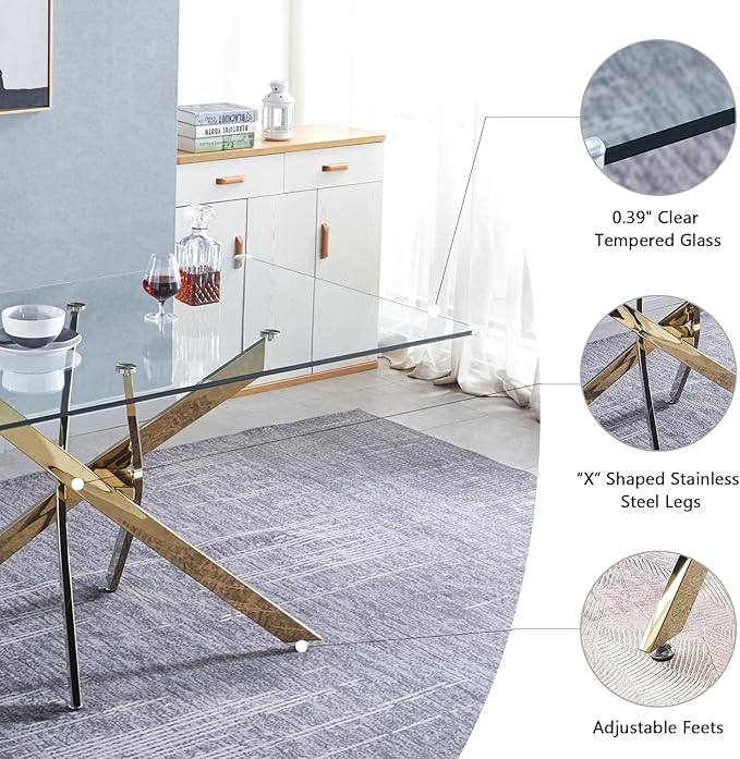 51" Glass Dining Table for 4-6, Modern Dining Room Table with 0.39" Tempered Glass Top and Cross X-Shaped Gold Stainless Steel Base, Rectangle Kitchen Dinner Table for Dining Room