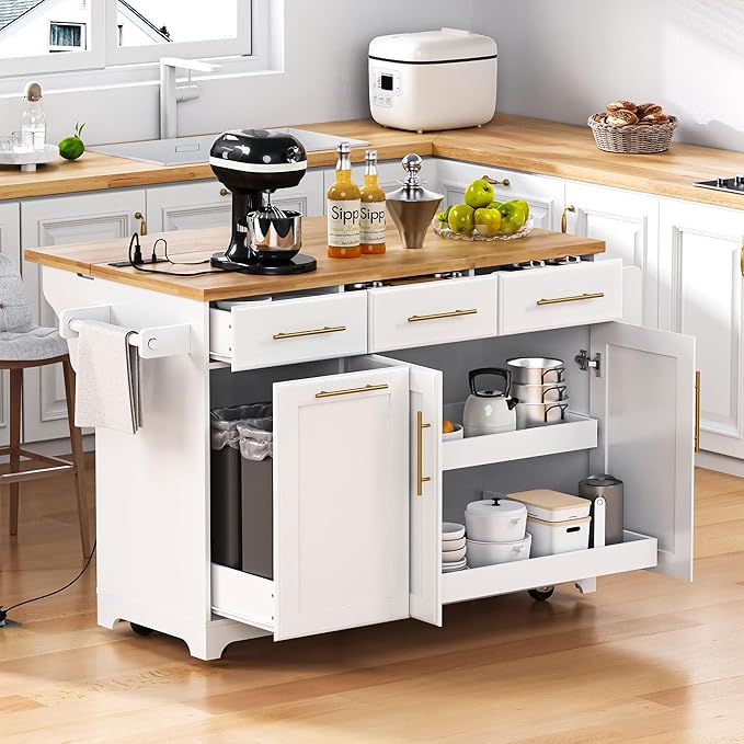 Merax 59.3" White Kitchen Island with Storage, 2 Pull Out Cabinet Organizers & Rubber Wood Drop Leaf, Rolling Island Table with Trash Can Storage, Power Outlet, Spice & Towel Rack for Kitchen Dining