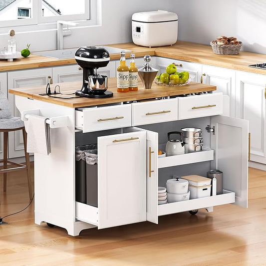 Merax 59.3" White Kitchen Island with Storage, 2 Pull Out Cabinet Organizers & Rubber Wood Drop Leaf, Rolling Island Table with Trash Can Storage, Power Outlet, Spice & Towel Rack for Kitchen Dining