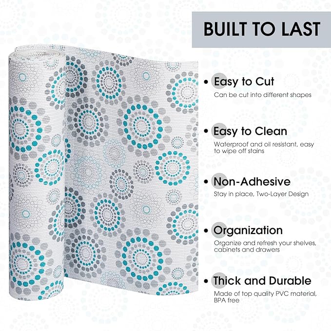 Drawer and Shelf Liner, Non-Slip Kitchen Cabinet Liners Non-Adhesive Thick Strong Grip Waterproof Washable Mats Protect Dresser Shelves Cupboard Bathroom Cabinets, Spiral, 18 in X 20 FT