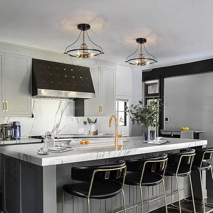 KSANA Modern Semi Flush Mount Ceiling Light, 3-Light Black and Gold Close to Ceiling Fixture with Clear Glass and Electroplated Brass Accents for Hallway, Bedroom, Kitchen, or Entryway