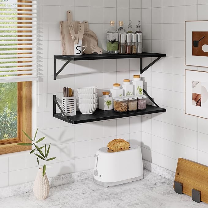 Acovy Deep Floating Shelves for Wall,30" Wx10 D Wood Floating Shelf Set of 2,Sturdy Metal Bracket Wide Display & Storage,Wall Mounted Hanging Floating Shelves for Living Room,Bedroom,Kitchen,Black