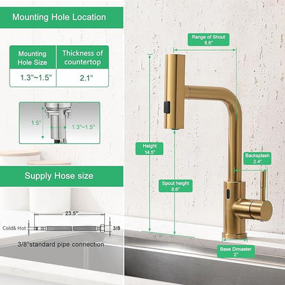 CENOSA Touchless Kitchen Faucet Motion Sensor Hands Free Single Handle Kitchen Sink Faucet with Pull Down Sprayer Brusshed Gold