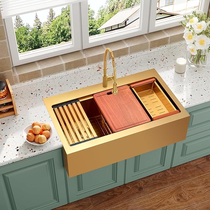 Gold Farmhouse Kitchen Sink 36 x 22 Drop In, 50/50 Double Bowl Farm Sinks, 16 Gauge Stainless Steel Workstation Sink with Ledge & Accessories, 36" x 22" x 10" Large and Deep Double Sink