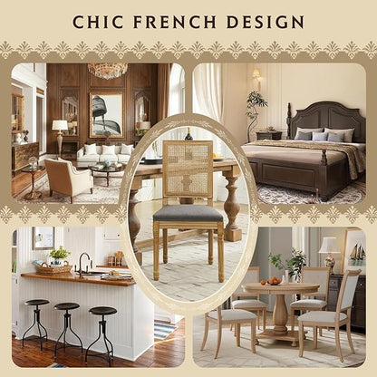 SoarFlash French Dining Chairs Set of 2, Vintage Dining Chairs with Rattan Backrest, Wooden Framehouse Chairs for Living Room, Kitchen, Restaurant, Grey