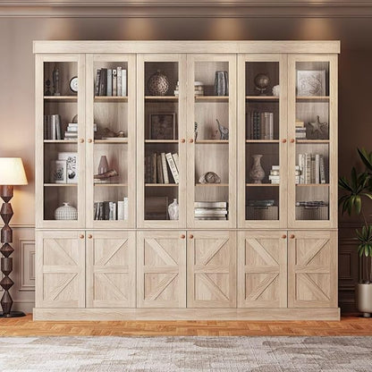 ivaniti 71" Tall Farmhouse Kitchen Pantry, Rustic Brown Wood Storage Cabinet with Glass Doors and Adjustable Shelves, Versatile Hutch for Dining Room, Living Room, Set of 2