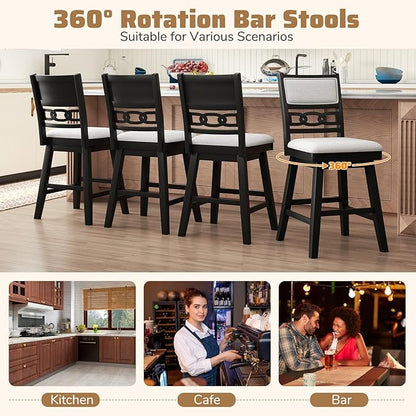 Giantex 25" Bar Stools Set of 2, Modern Counter Height Tall Chairs w/Padded & Hollowed Backs, Rubber Wood Frame, 360° Swivel Upholstered Barstools for Kitchen Island, Pub, Cafe