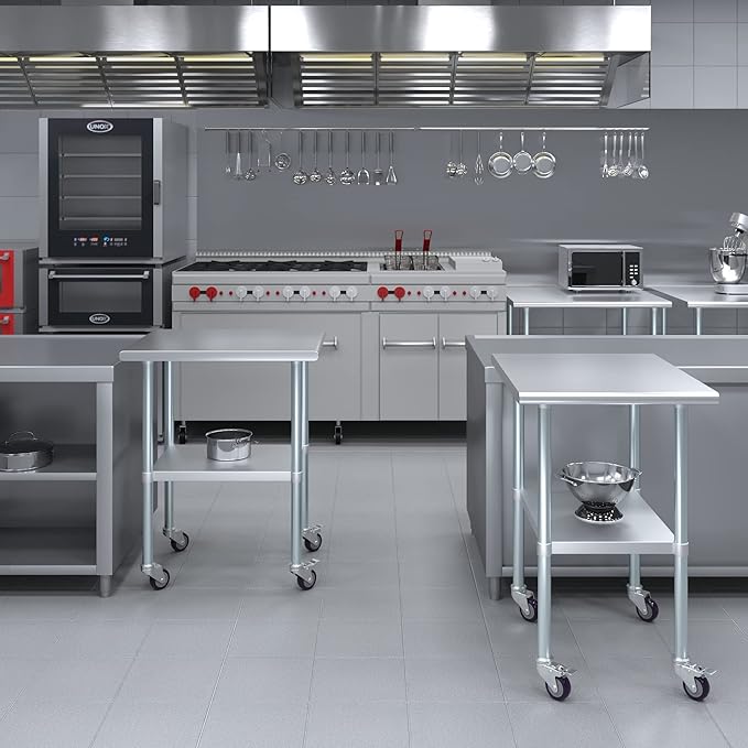 Stainless Steel Work Table with Wheels | NSF Kitchen Island Food Prep | Laundry Garage Utility Bench (Table + Wheels, 24" Long x 30" Deep)