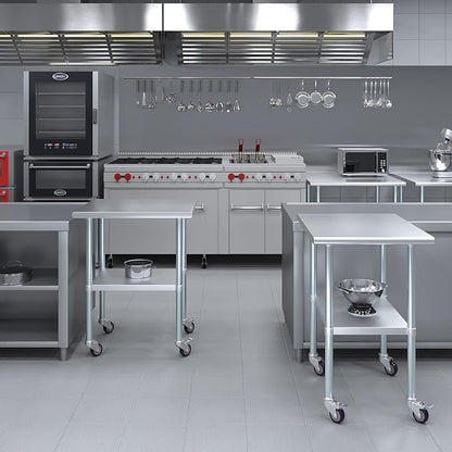 Stainless Steel Work Table with Wheels | NSF Kitchen Island Food Prep | Laundry Garage Utility Bench (Table + Wheels, 24" Long x 30" Deep)