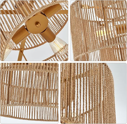 24” Boho Hand Woven Rattan Chandelier 3 Round Adjustable 4-Light Large Pendant Light for Kitchen Island Dining Room Living Room Hallway, Brass, UL Listed