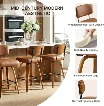 Swivel Bar Stools Set of 2, 26" Upholstered Counter Height Bar Stools with Back and Bent Walnut Wood Legs, Faux Leather Modern Barstools for Kitchen Island,Brown