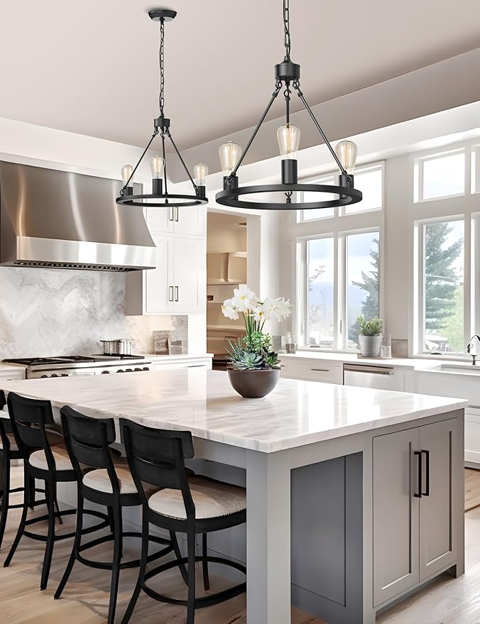 L LOHAS LED Black Farmhouse Chandeliers for Dining Room, 3-Light Wagon Wheel Chandelier Over Table, Height Adjustable, 16" Dining Room Light Fixtures, Modern Chandelier for Kitchen Island Living Room