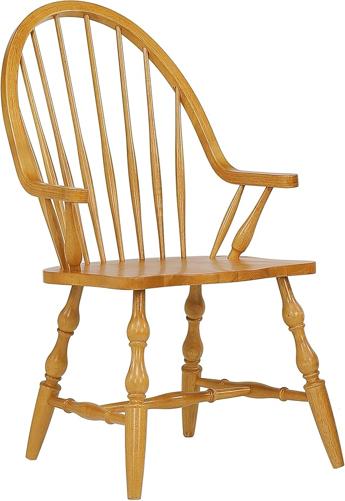 Sunset Trading Oak Selections Windsor Spindleback Dining Chair with Arms | Fully Assembled Kitchen Armchair| Modern Farmhouse Minimalist Country Cottage | Light Oak Solid Wood